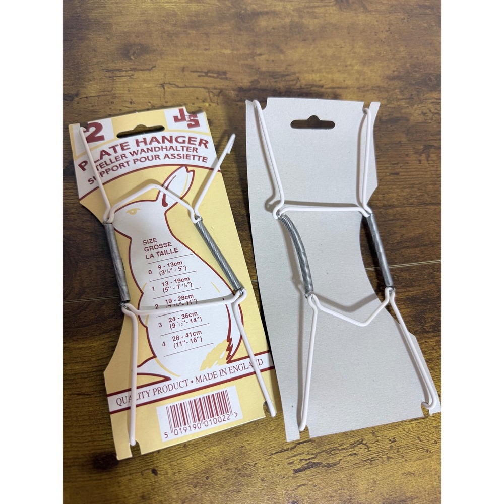 JS Plate Hanger 2 Pack Size 2 White Metal Spring Loaded Wall Display Vintage Set
